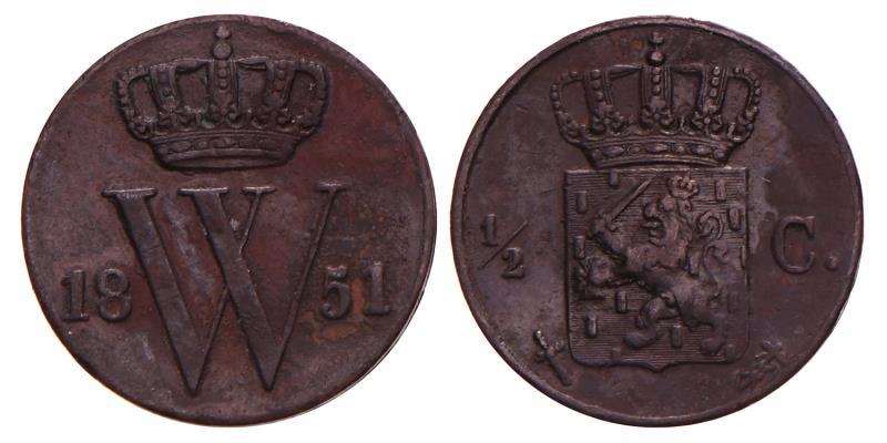 ½ Cent Willem III 1851. Zeer Fraai -.