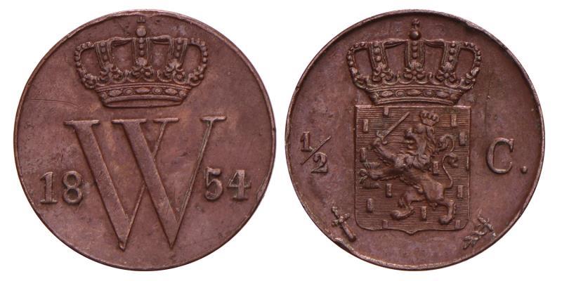 ½ Cent Willem III 1854. Prachtig.