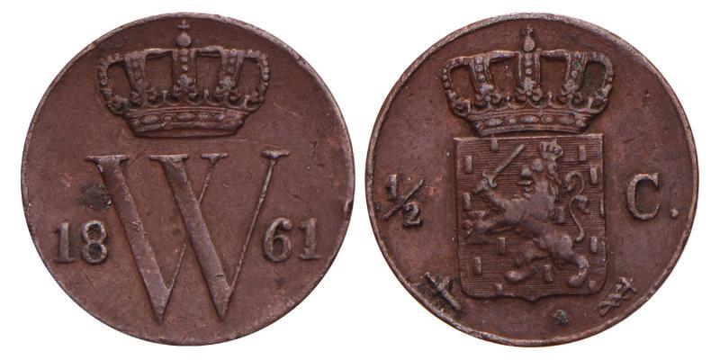 ½ Cent Willem III 1861. Zeer Fraai - (Randschade).