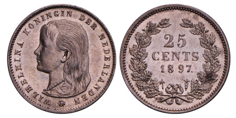 25 Cent Wilhelmina 1897. Prachtig  (Gepoetst).