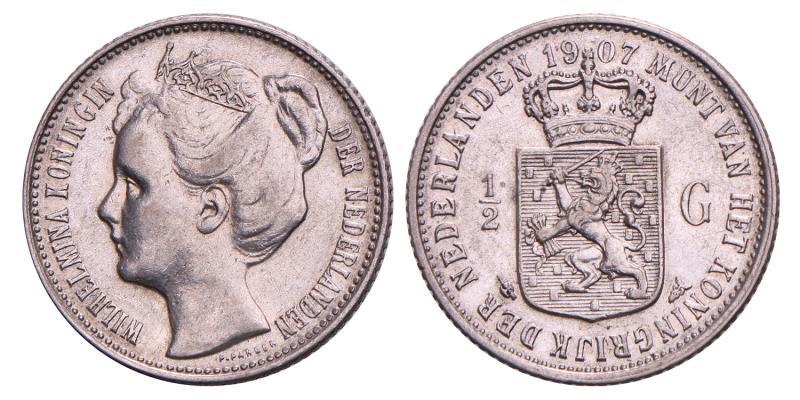 ½ gulden Wilhelmina 1907. Zeer Fraai +.