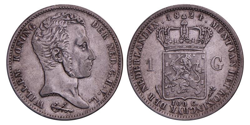 1 Gulden Willem I 1824 U zonder streep. Zeer Fraai -.