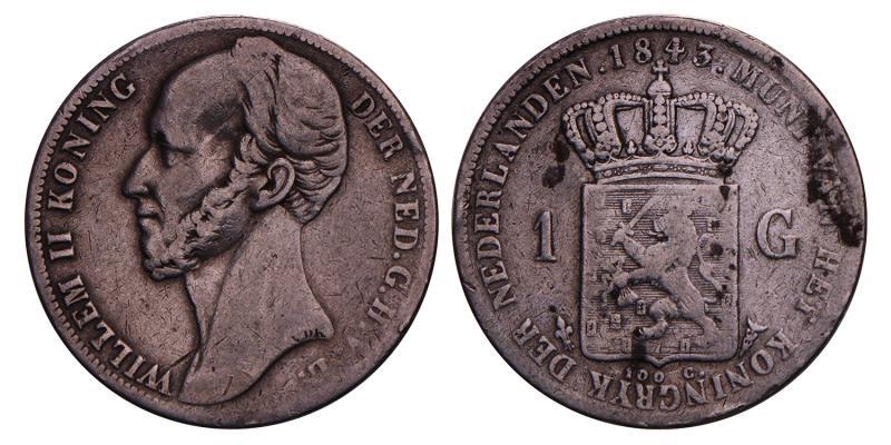 1 Gulden Willem II 1843. Fraai.