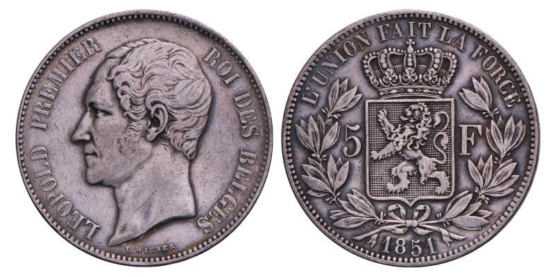 Belgium. Leopold I.  5 Francs. 1851.