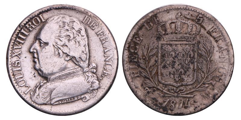 France. Louis XVIII.  5 Francs. 1814 M.