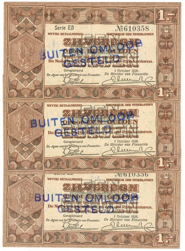 Nederland. 3x 1 gulden. Zilverbon. Type 1938. - Zeer Fraai / Prachtig.