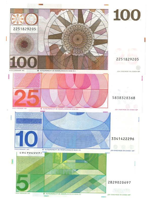 Nederland. 5, 10, 25 en 100 gulden. Bankbiljet. Type 1968-1973. Vondel, Frans Hals, Sweelinck en De Ruyter - Prachtig.