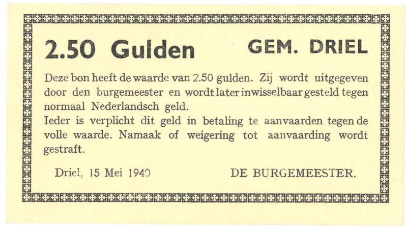 Nederland. 2½ gulden. Noodgeld. Type 1940. Driel - About UNC.