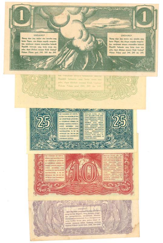 Netherlands-Indies. 5, 10, 25 Sen, ½ and 1 rupiah. Banknote. Type 1945. - Very Fine - UNC.