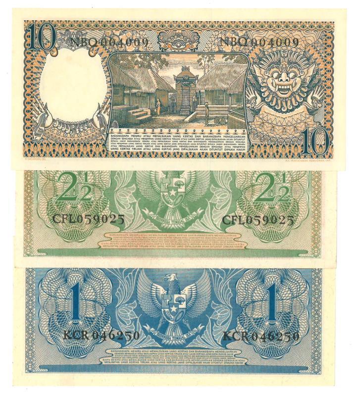 Indonesia. 1, 2½ and 10 rupiah. Banknote. Type 1956-1958. - UNC.