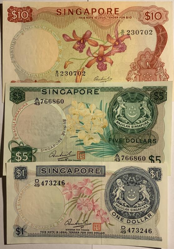 Singapore. 1, 5 and 10 dollars. Banknote. Type 1967. - UNC.