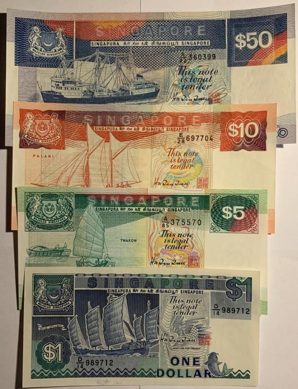 Singapore. 1, 5, 10 en 50 dollars. Banknote. Type 1984. - UNC.