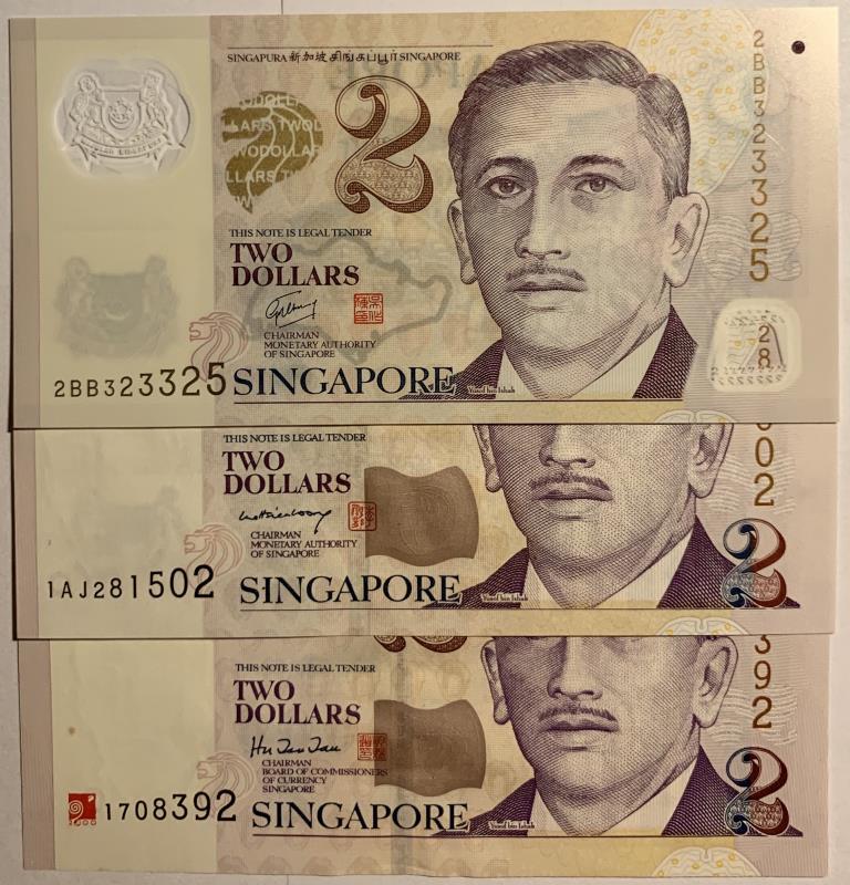 Singapore. 3x 2 dollars. Banknote. Type 2005. - UNC.