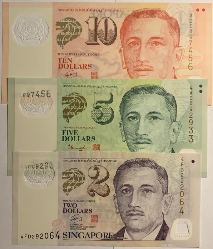 Singapore. 2, 5 and 10 dollars. Banknote. Type 2005. - UNC.