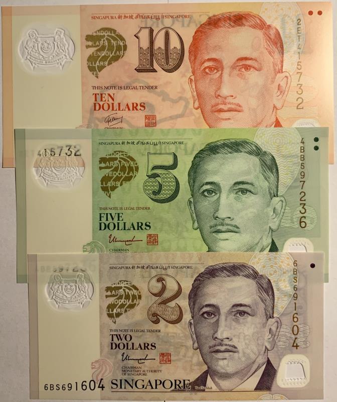 Singapore. 2, 5 and 10 dollars. Banknote. Type 2005. - UNC.