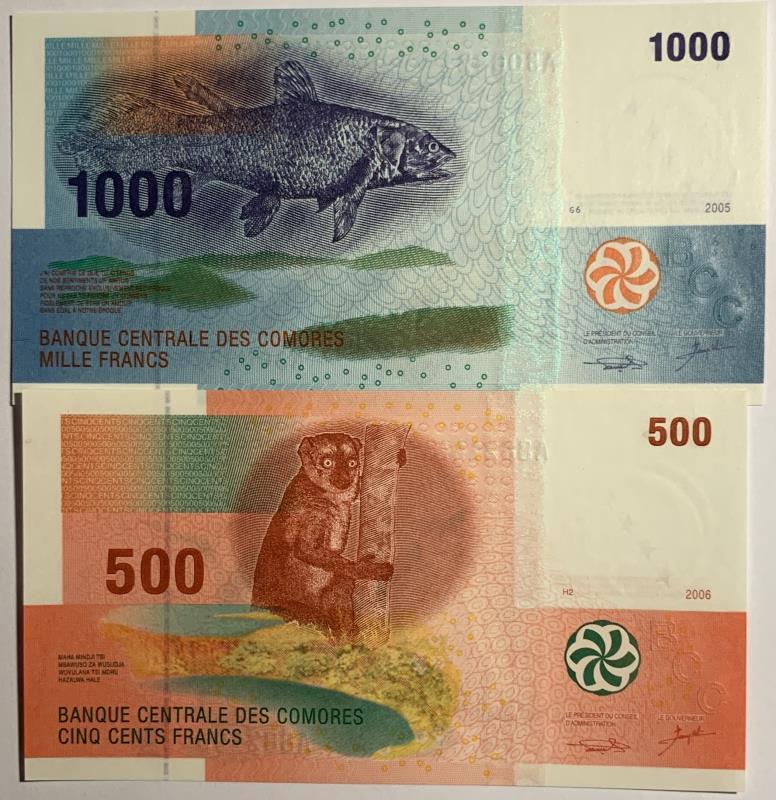 Comoren. 500 and 1000 francs. Banknote. Type 2005-2006. - UNC.