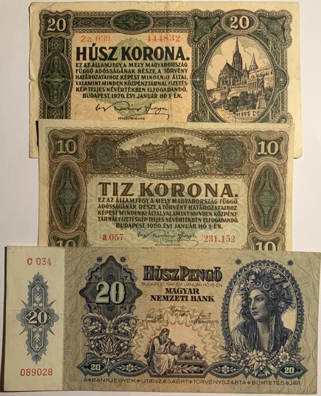 Hungary. 10, 20 Korona and 20 pengö. Banknote. Type 1920-1941. - Very good / Very Fine.