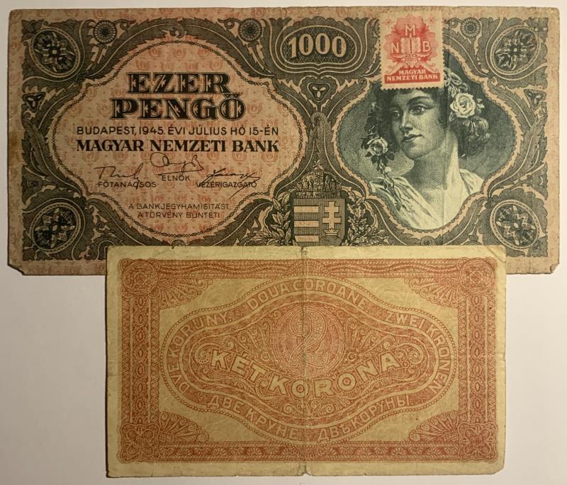 Hungary. 2 Korona and 1000 pengö. Banknote. Type 1920-1945. - Very good / Fine.