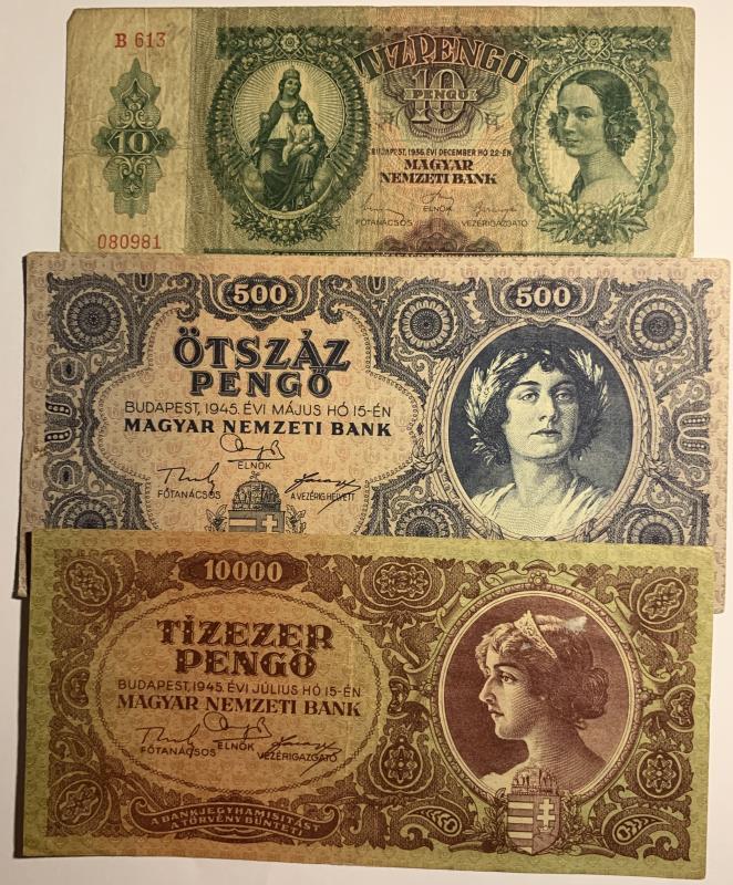 Hungary. 10, 500 and 10000 pengö. Banknote. Type 1936-1945. - Fine.