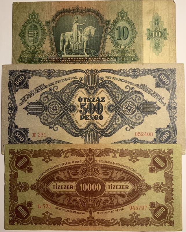 Hungary. 10, 500 and 10000 pengö. Banknote. Type 1936-1945. - Fine.