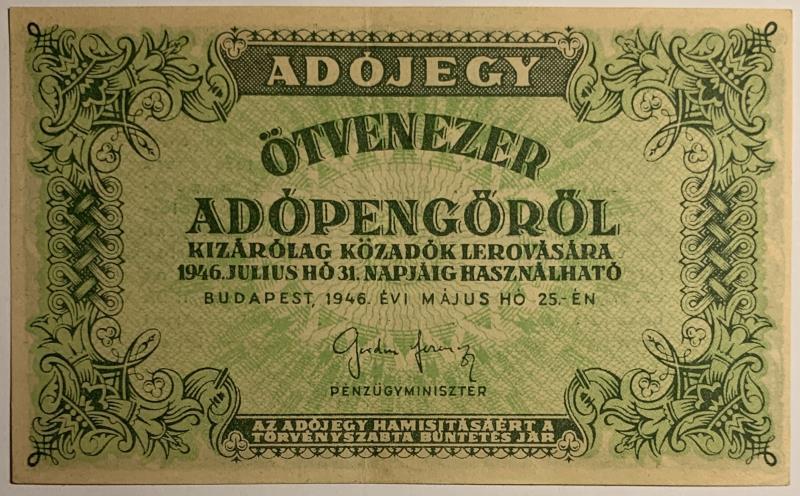 Hungary. 50000 pengö. Banknote. Type 1946. - Extremely Fine.