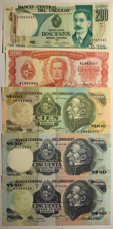 Uruguay. 2x 50, 2x 100 and 200 pesos. Banknote. Type 1967-1988. - UNC.