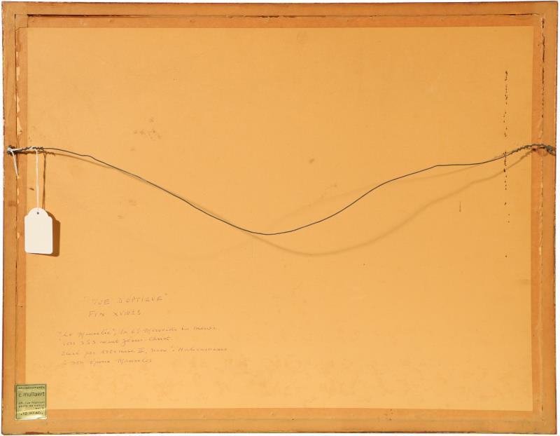 Oudtijds gekleurde kopergravure zgn. optica prent met titel in spiegelbeeld boven de prent. 