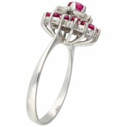 Witgouden rozet ring, met synthetische witte spinel en synthetische robijn - 18 kt.