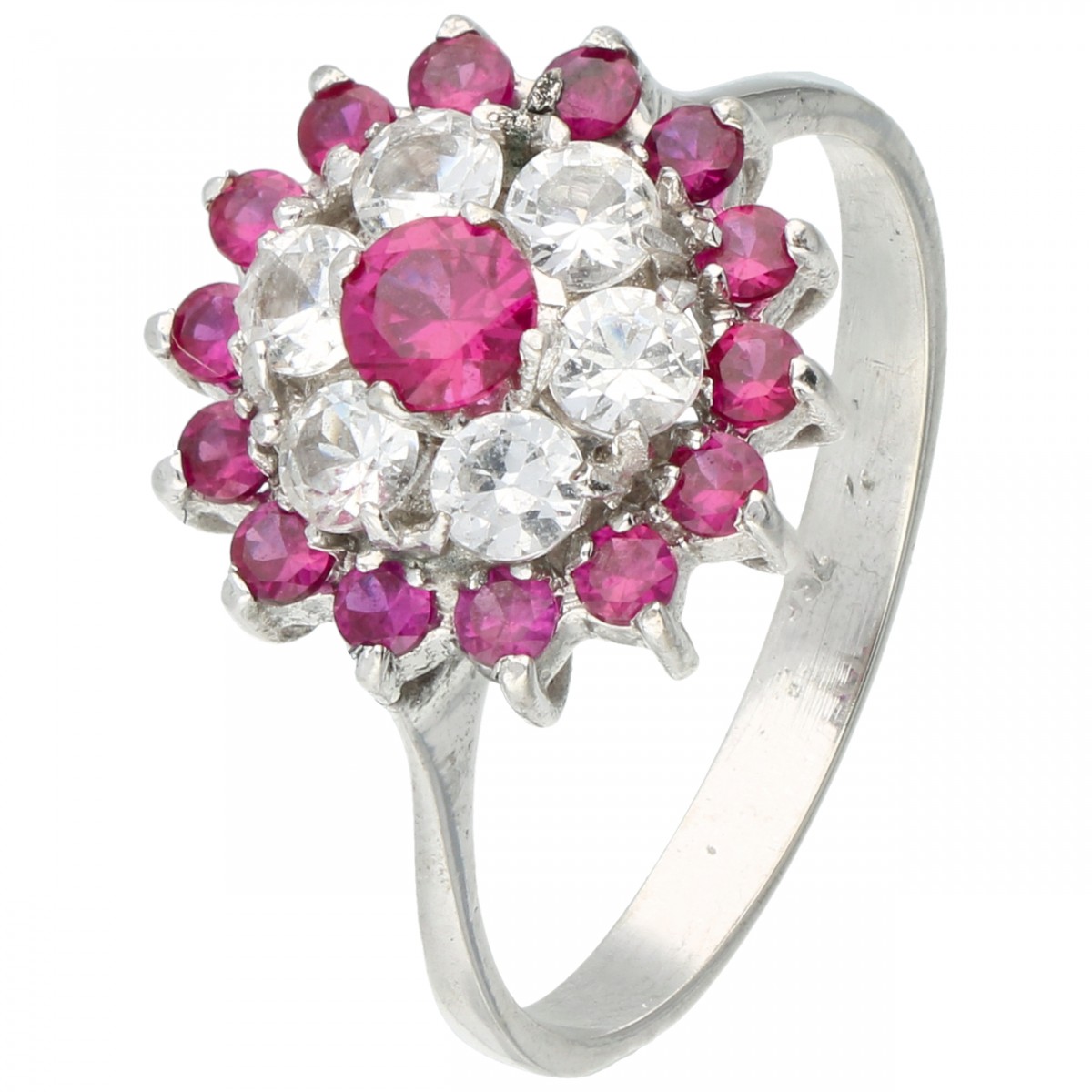 Witgouden rozet ring, met synthetische witte spinel en synthetische robijn - 18 kt.