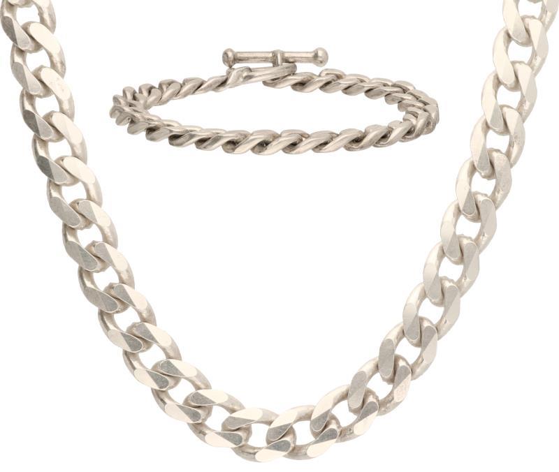 Platte gourmet schakel collier en armband zilver - 925/1000.