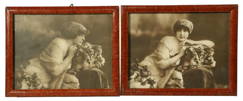 Twee antieke foto's van een elegante dame. Rotophot Berlin. Circa 1910.