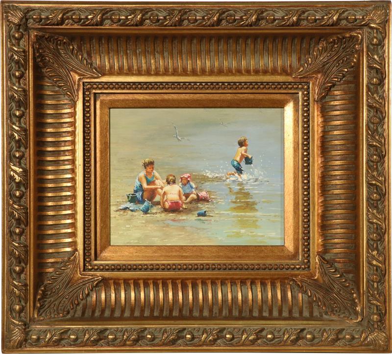 Een kavel met twee schilderijen van kinderen aan zee en een vissertje aan de waterkant. 