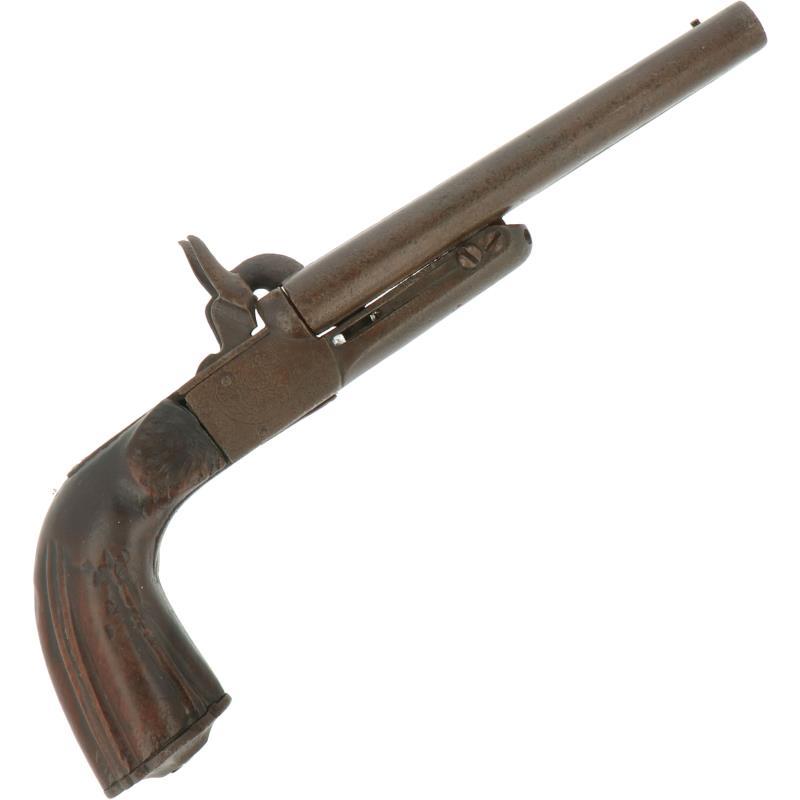 Een gietijzeren dubbelloops 12 mm percussie pistool met verborgen trekkers. Achterlader. 19e eeuw.