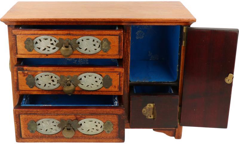 Een houten miniatuurkastje met nefriet en koper beslag. China, eind 20e eeuw.