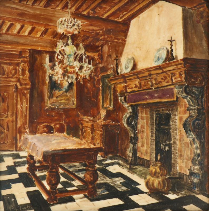 Een koudbeschilderde tegel met voorstelling van het interieur van het Rubenshuis te Antwerpen. 