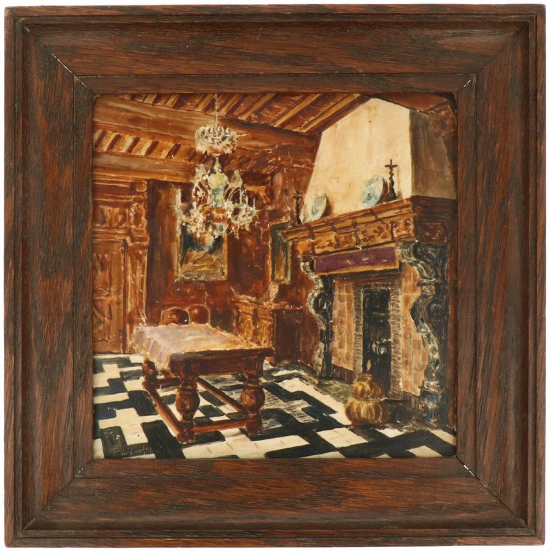 Een koudbeschilderde tegel met voorstelling van het interieur van het Rubenshuis te Antwerpen. 