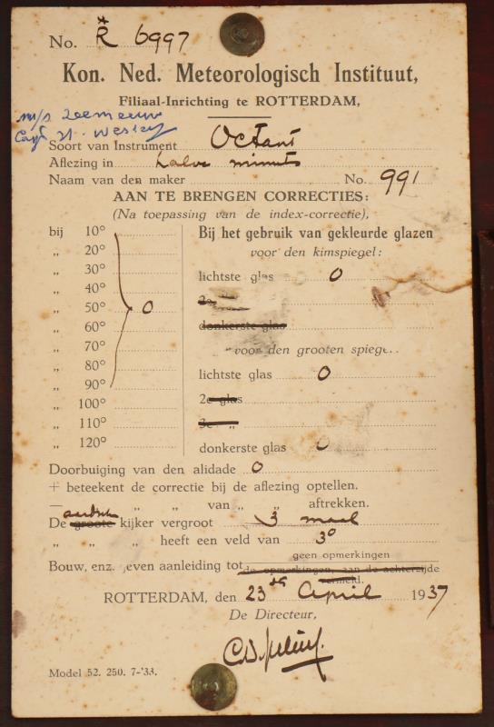 Een octant toebehorend aan motorschip De Zeemeeuw. Met certificaat 23 april 1937. Met 2 bijbehorende sleutels. 