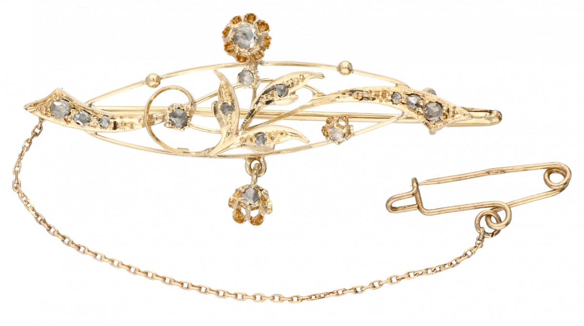 Geelgouden broche, met 14 roos geslepen diamanten - 14 kt.