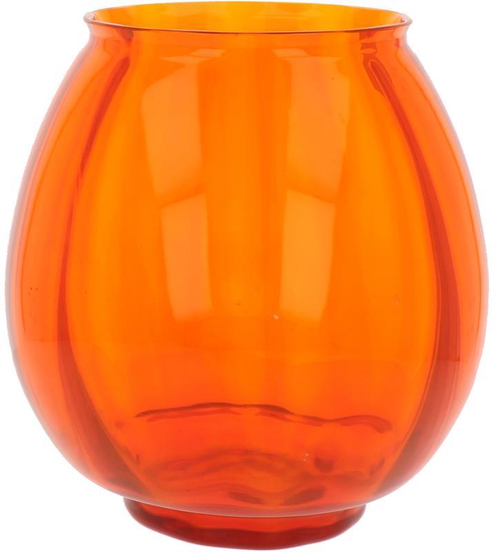 Glasfabriek Leerdam, A.D. Copier 1928. Een oranje glazen vaas met verticaal optiek.