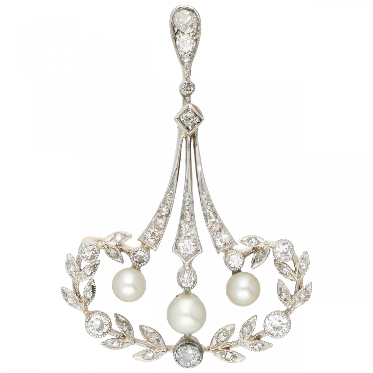 Geelgouden Art Deco hanger, met ca. 0.40 ct. diamant en cultivé zoetwaterparel - 14 kt.