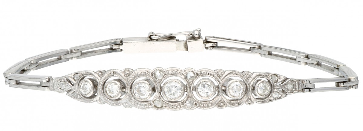 Witgouden Art Deco armband, met ca. 0.34 ct. diamant - 14 kt.