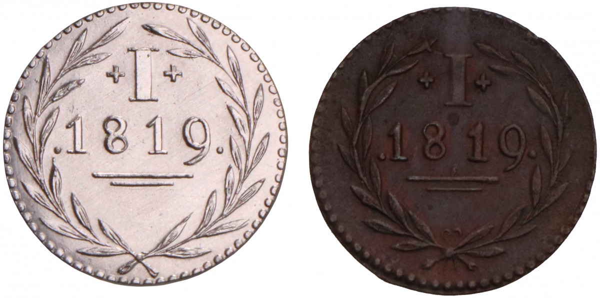Lot (2) Koperen Bleyensteinse duit, toegevoegd zilveren herslag. 1819. Prachtig.