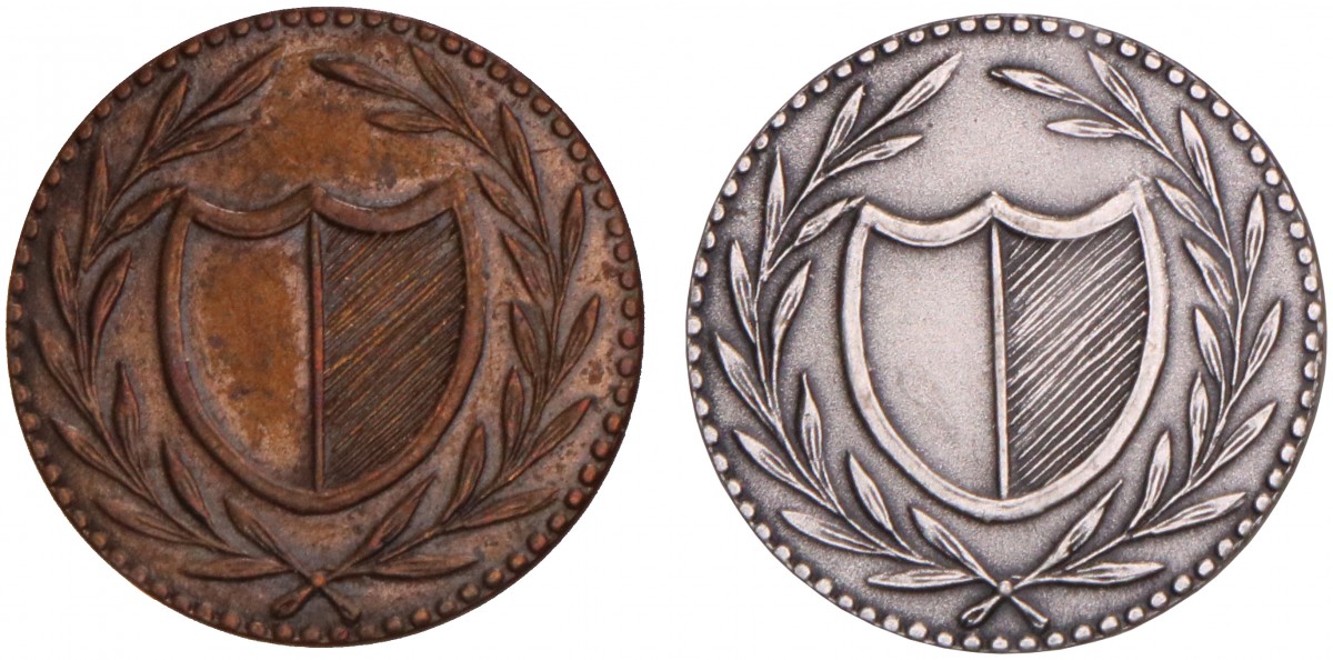 Lot (2) Zilveren en koperen Bleyensteinse duit. 1819. Prachtig.