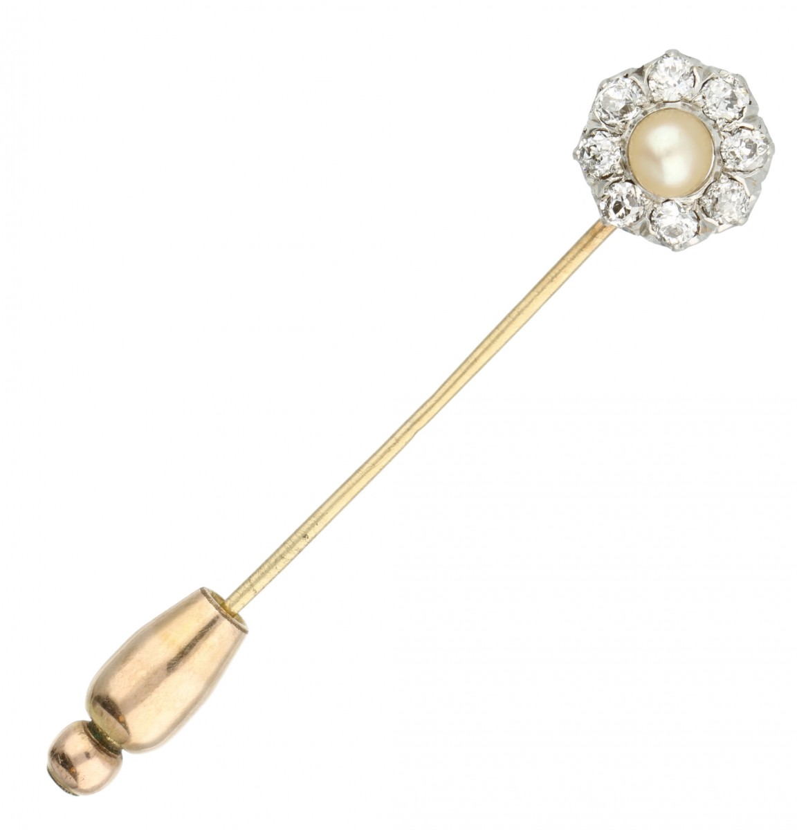 Geelgouden dasspeld met rozet, met ca. 0.40 ct. diamant en cultivé zoetwaterparel - 14 kt.