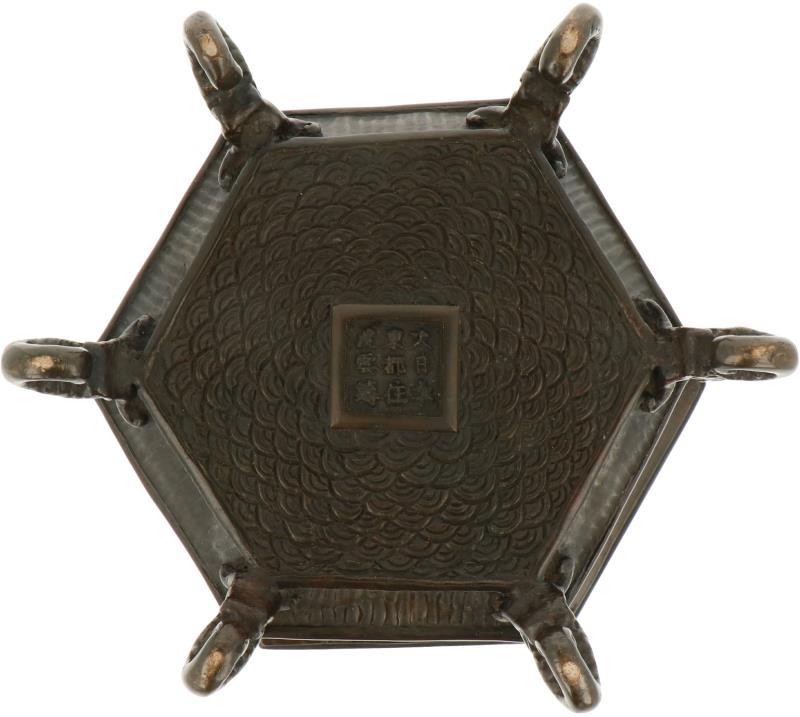 Een bronzen wierookbrander gedecoreerd met swastika tekens. China, 19e eeuw.