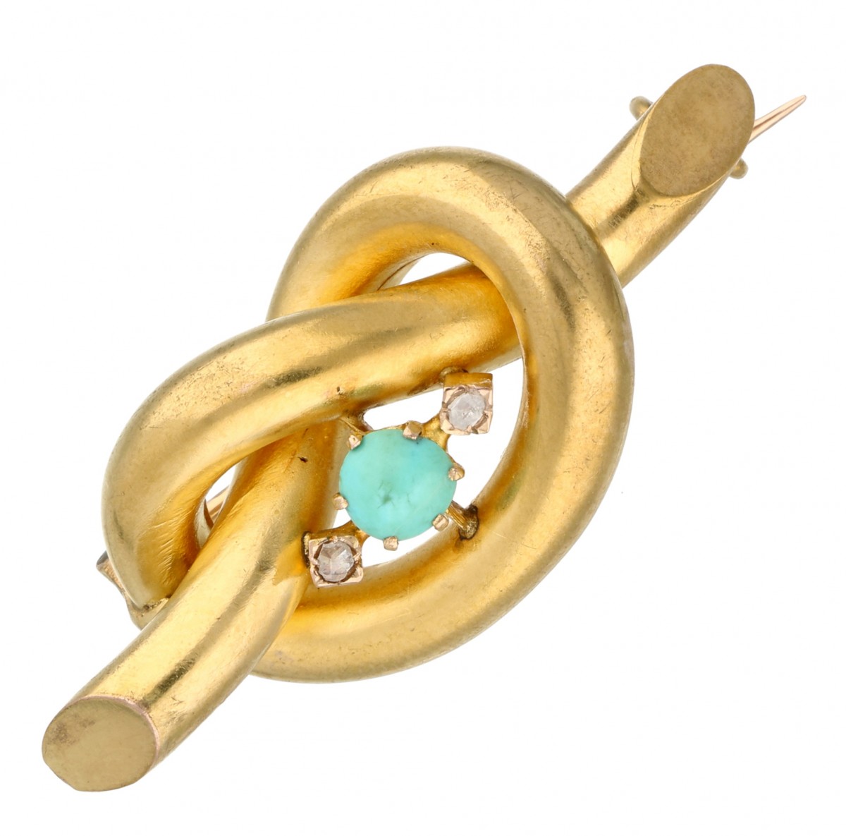 Geelgouden knoop broche, met diamant en turkoois - 14 kt.