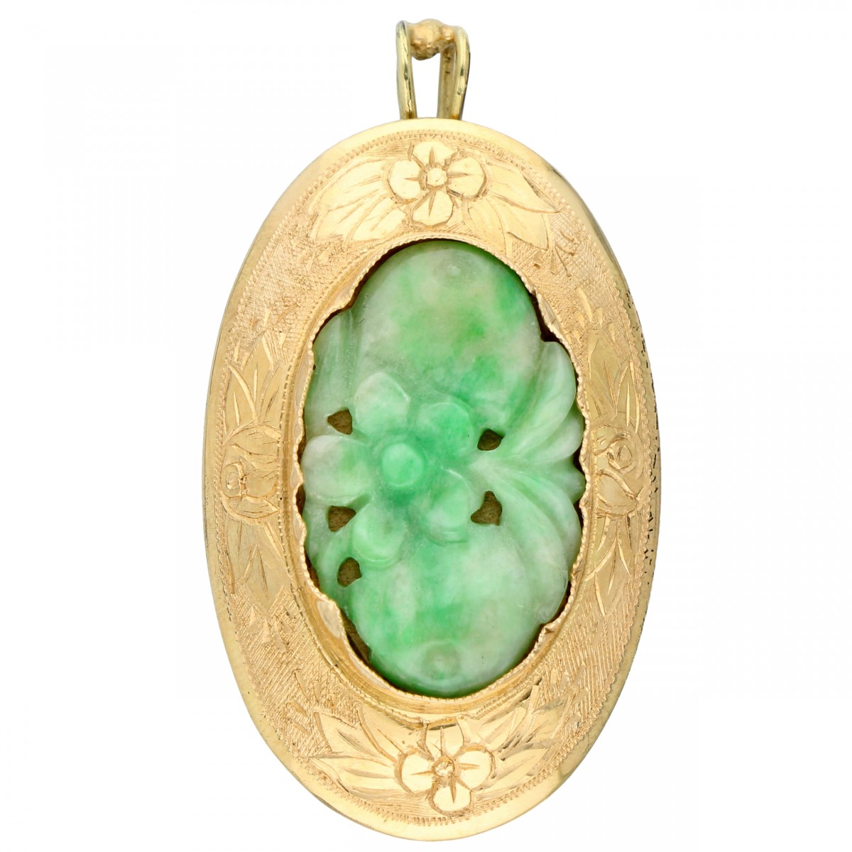 Geelgouden hanger / broche, met gesneden jade - 14 kt.