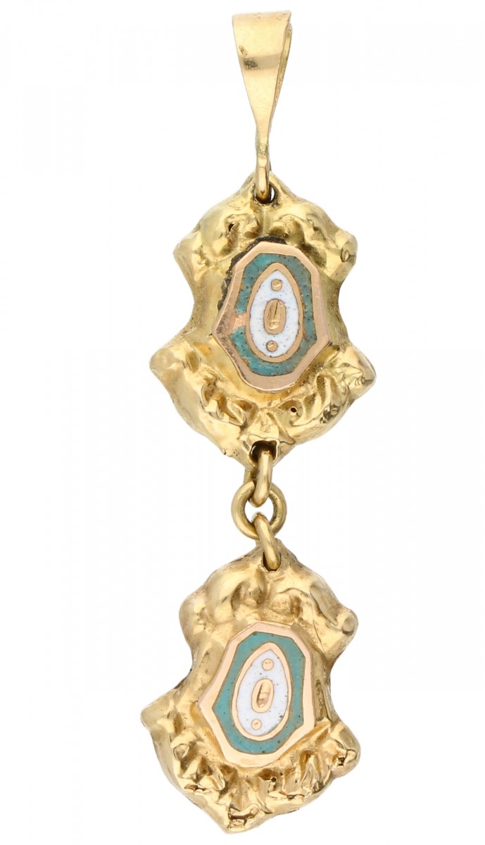 Geelgouden antieke hanger, met blauwe en witte emaille - 18 kt.