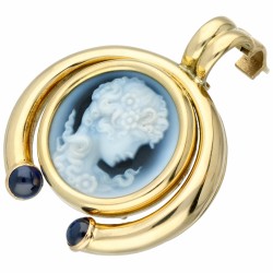 Franse geelgouden hanger, met blauwe agaat cameé en natuurlijke saffier - 18 kt.