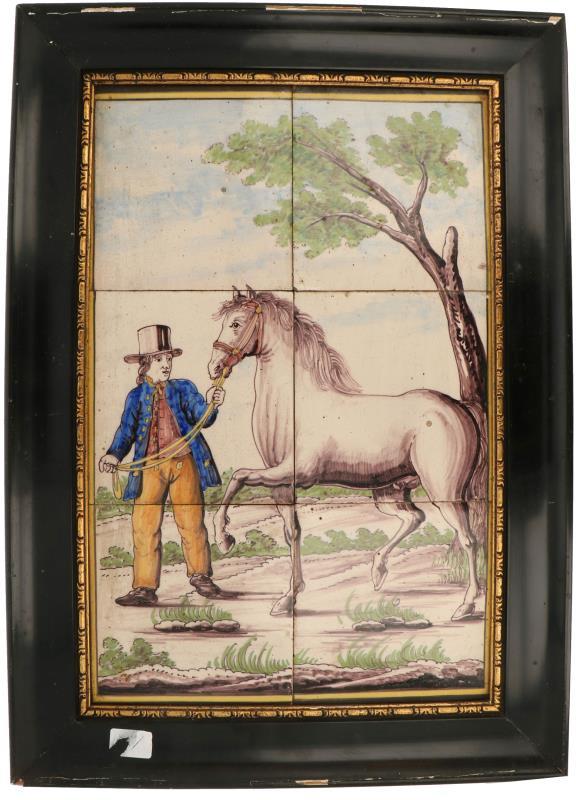 Een tegeltableau met polychroom decor van een hereboer met paard. Bestaande uit 6 tegels. 19e eeuw.